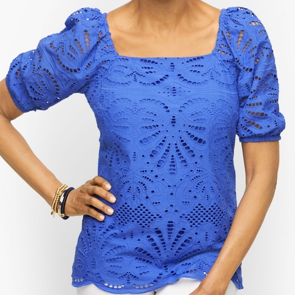 Talbots Blue Square Neckline Eyelet Puff Sleeve Blouse - Picture 1 of 7